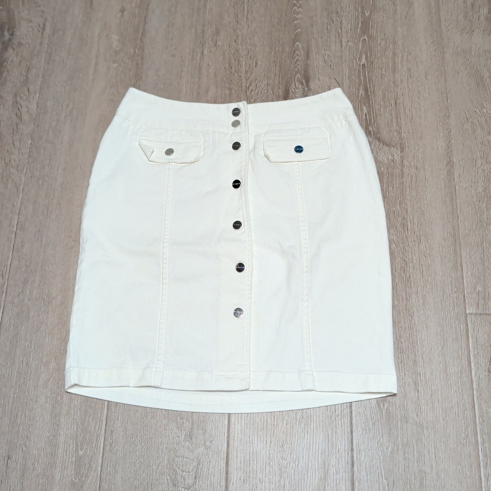 Jones New York Signature White‎ Denim Button Front Skirt 6 30 Stretch Mid Thigh